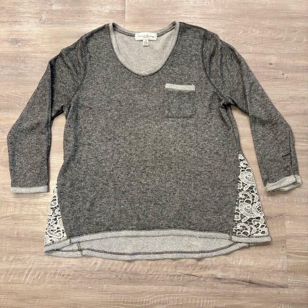French Laundry Gray Knit Sweater Lace Side Panels Hi Low Hem Long Sleeve Top 2XL